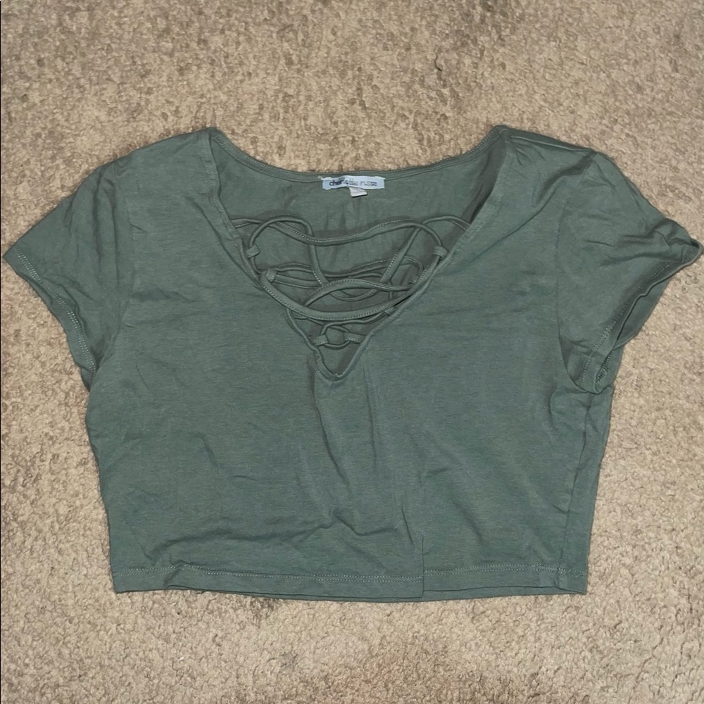 Olive green crop top with shoe lace design. Can be worn loose or tight!